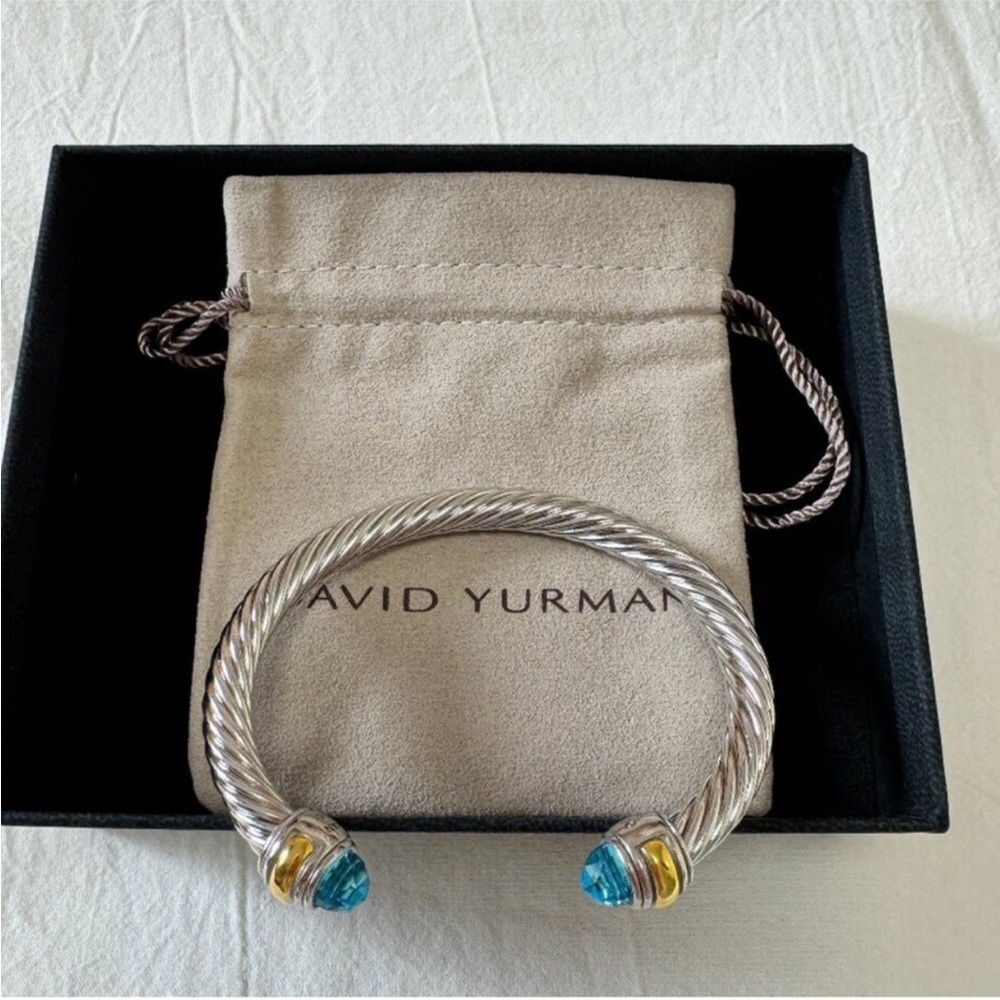 David Yurman Sterling Cable Cuff with Blue Topaz and Gold Accents 7mm